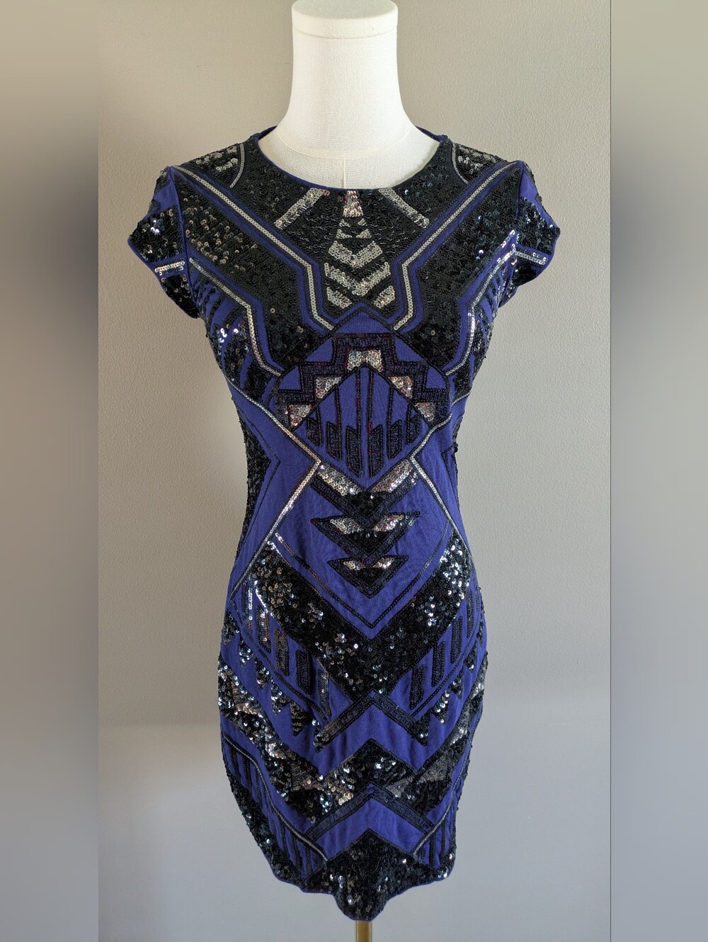 Express Blue Black Silver Sequins Bodycon Short Sleeve Mini Dress XS